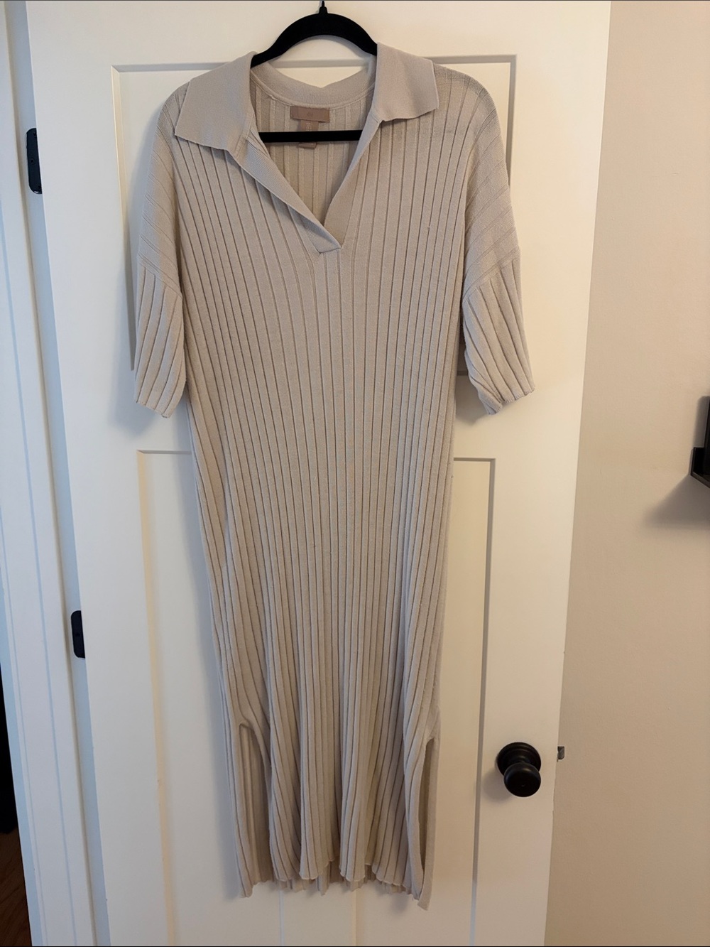 H&M Neutral Ribbed Knit Polo Midi Dress - Cream